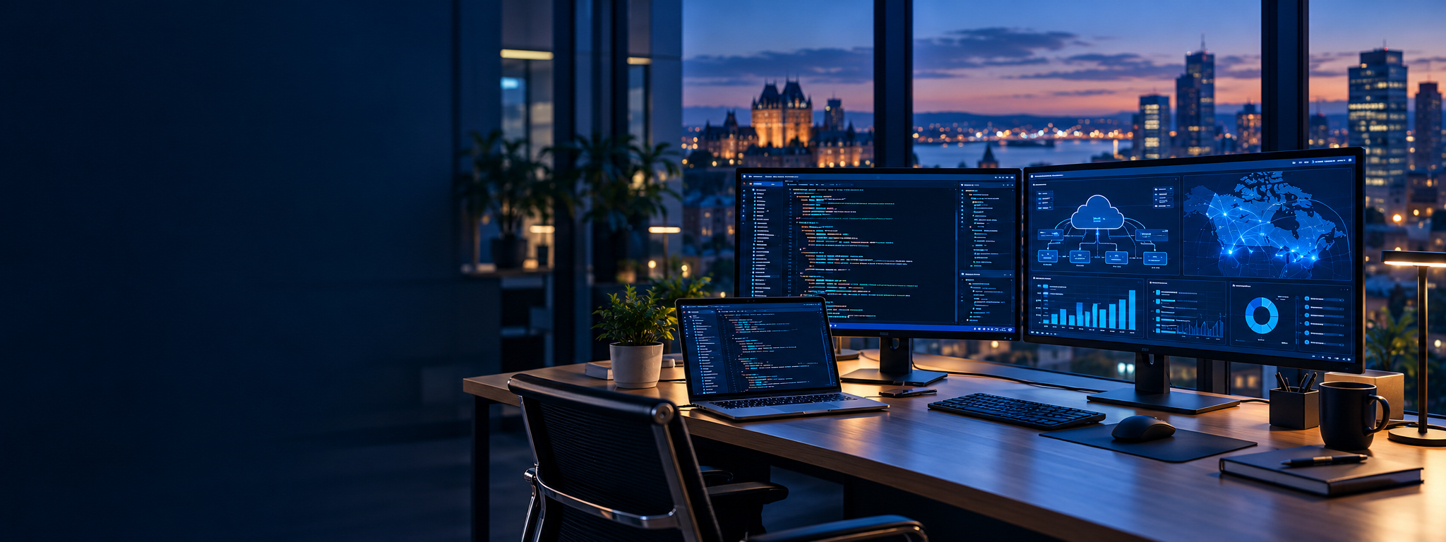 Modern unbranded technology workspace with code, cloud architecture and data visualization displays